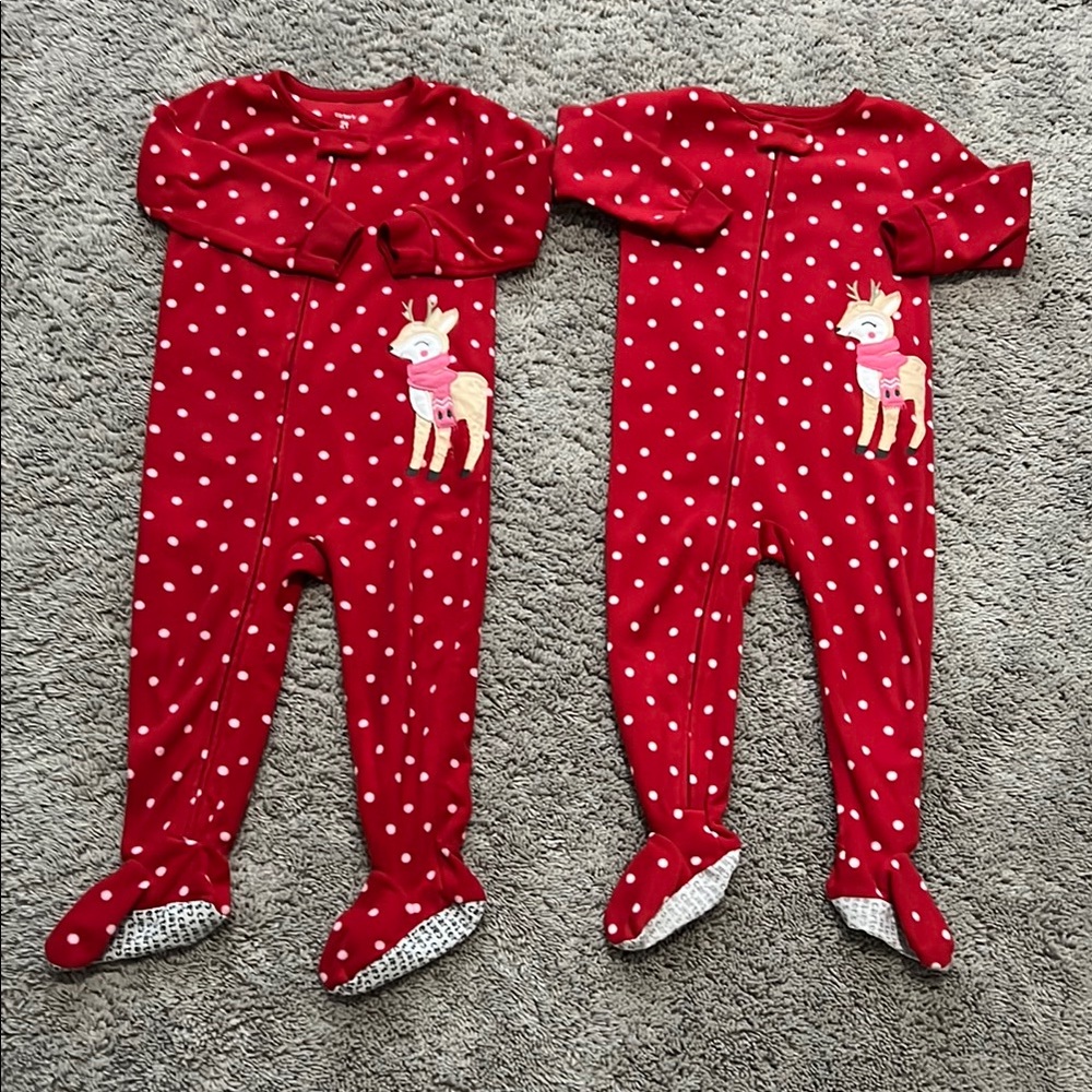 Carter's Red and White Polka Dot Footies with Reindeer Appliqué 2T